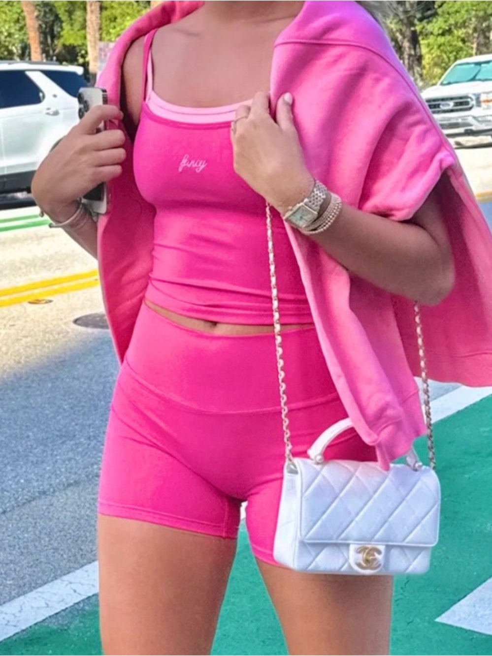 Fancy Palm Springs Double Layered Tank & Biker Shorts Set Pink XS